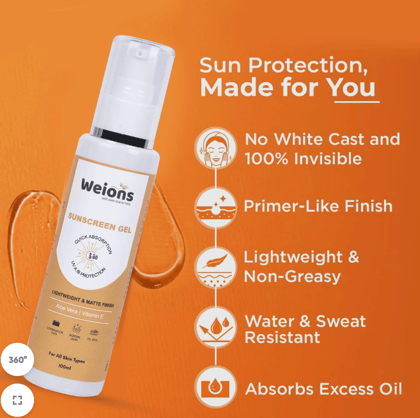 Weions SPF 60 Sunscreen Gel with Aloe Vera & Vitamin E - 100ml
