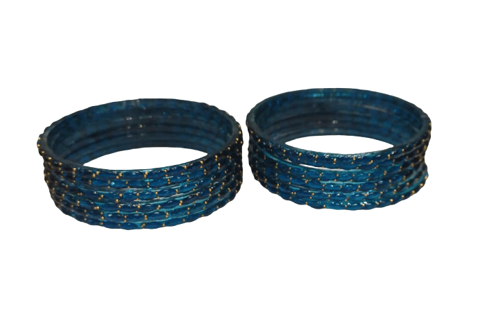 Elegant Dark Blue Glass Bangles with Gold Accent Details - Set of 2 Stacks