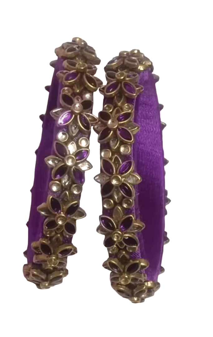 Elegant Purple Floral Stone-Embellished Gold Plated Bangle Set