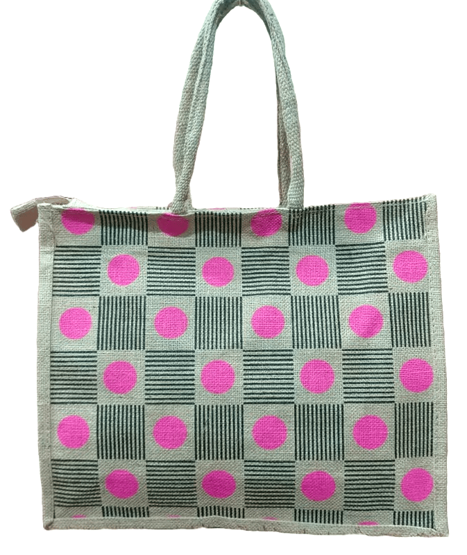 Eco-Friendly Jute Tote Bag with Pink Polka Dot Checkered Pattern