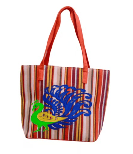 Vibrant Striped Tote Bag with Peacock Embroidery