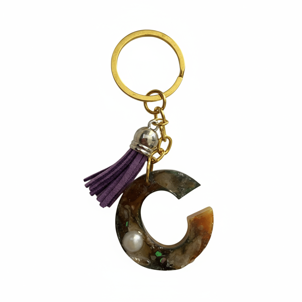 Personalized Initial C Resin Keychain with Pearl & Purple Tassel