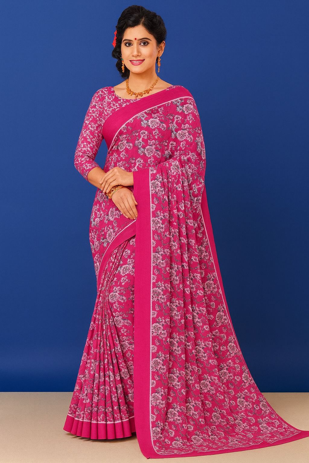 Women's Fancy Floral Print Fuchsia Pink Saree with Blouse Piece