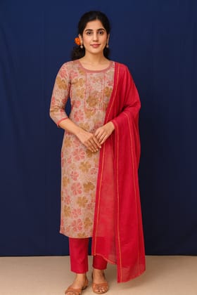 Women's Floral Embroidered Chanderi Cotton Kurta Set with Magenta Dupatta Women's Floral Embroidered Chanderi Cotton Kurta Set with Magenta Dupatta