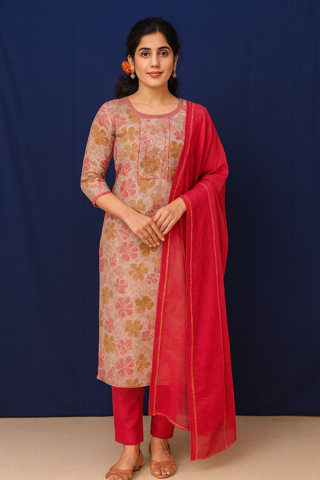 Women's Floral Embroidered Chanderi Cotton Kurta Set with Magenta Dupatta