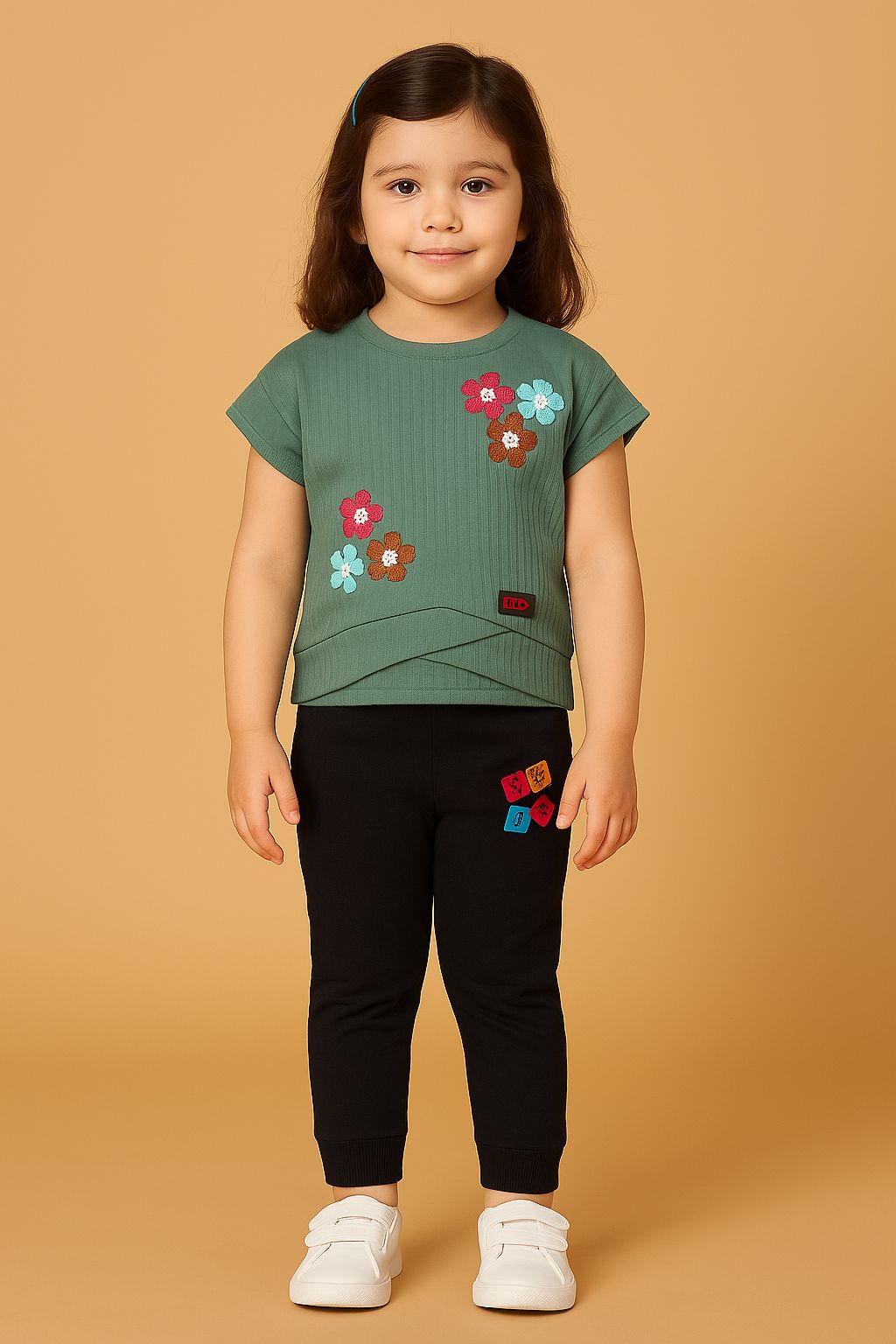 Girls Sea Green Floral Applique Ribbed Top & Black Track Pants Set