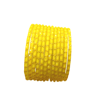 Vibrant Yellow Glass Bangles Set with Golden Embellishments