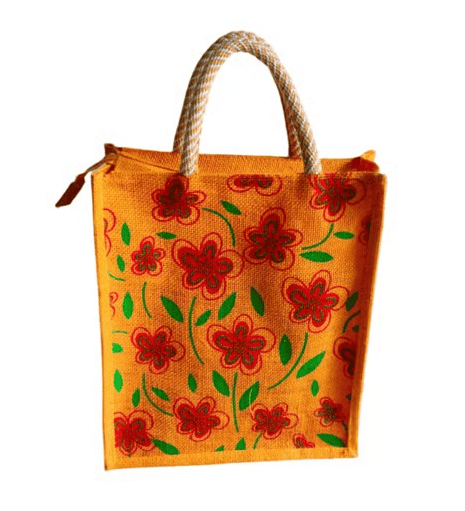 Vibrant Orange Floral Jute Tote Bag with Rope Handles & Zipper Closure