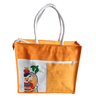 Vibrant Orange Jute Tote Bag with Hand-Painted Kalamkari Art Design