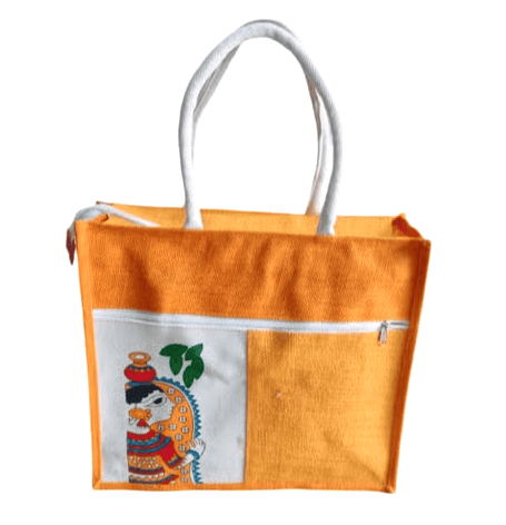 Vibrant Orange Jute Tote Bag with Hand-Painted Kalamkari Art Design