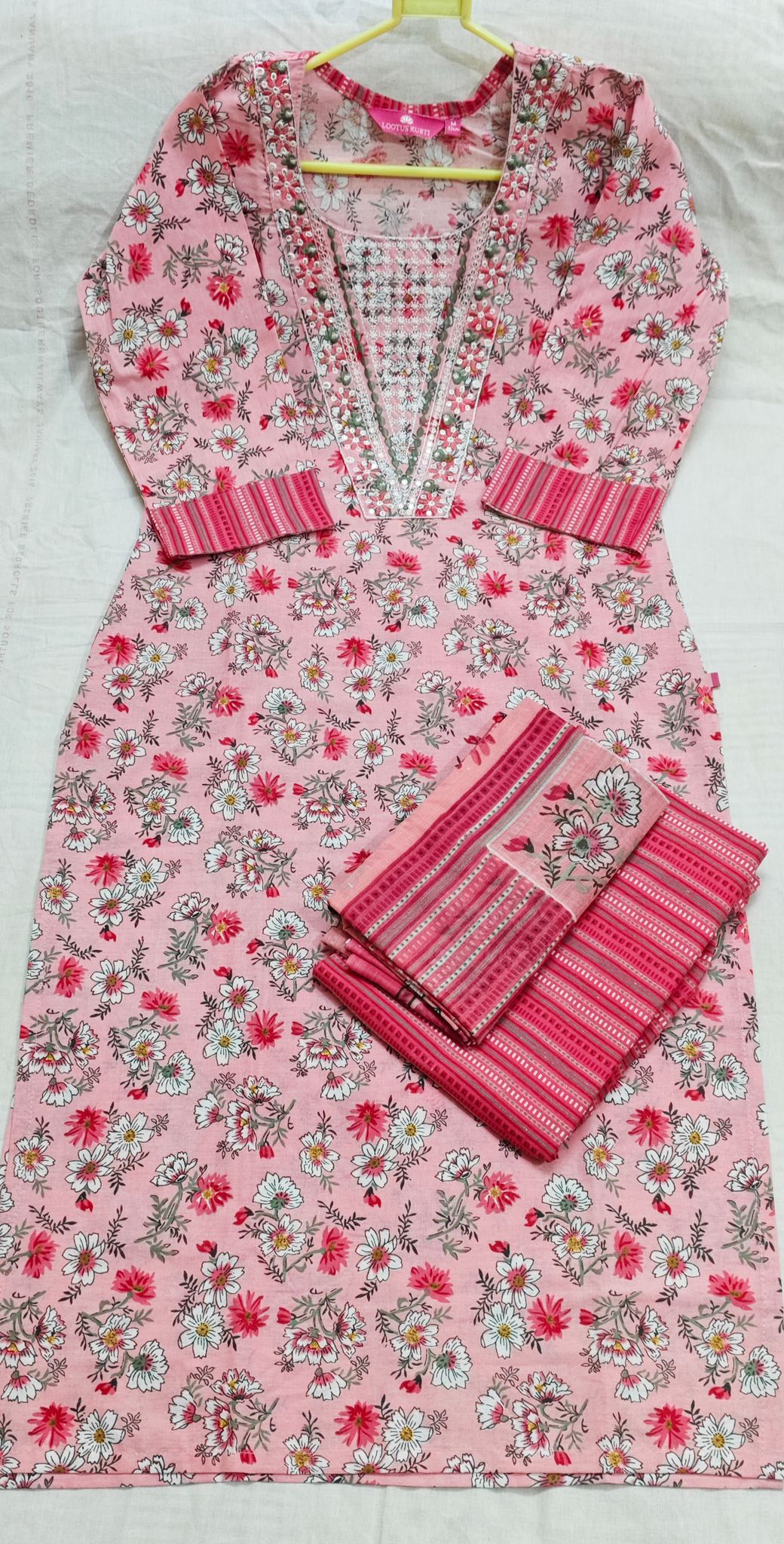 Women's Floral Printed Cotton Kurti with Striped Dupatta Set