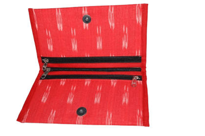 Red Ikat Print Women's Fabric Wallet with Zip Pockets