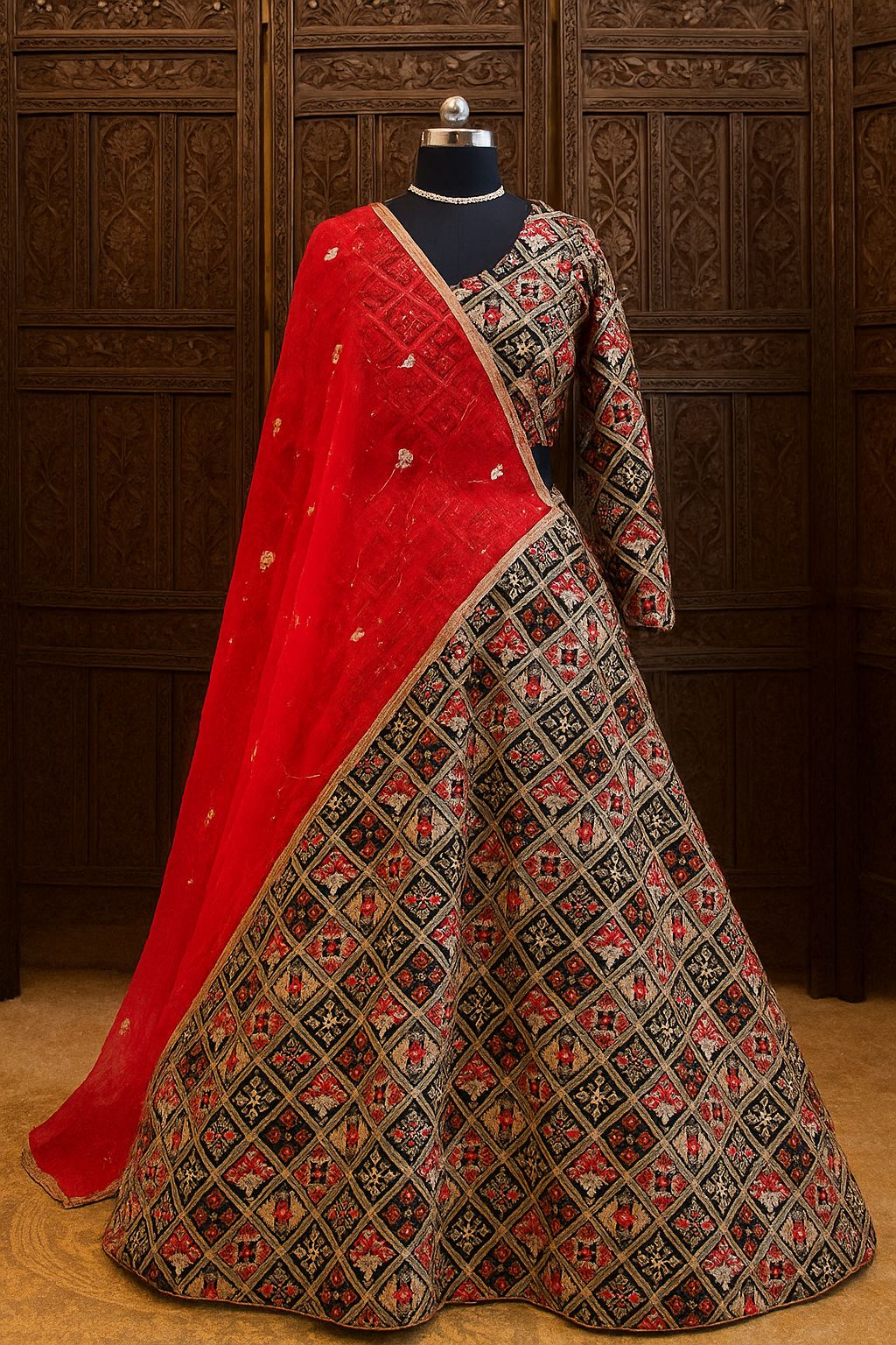Black & Red Embroidered Poly Silk Lehenga Choli with Net Dupatta