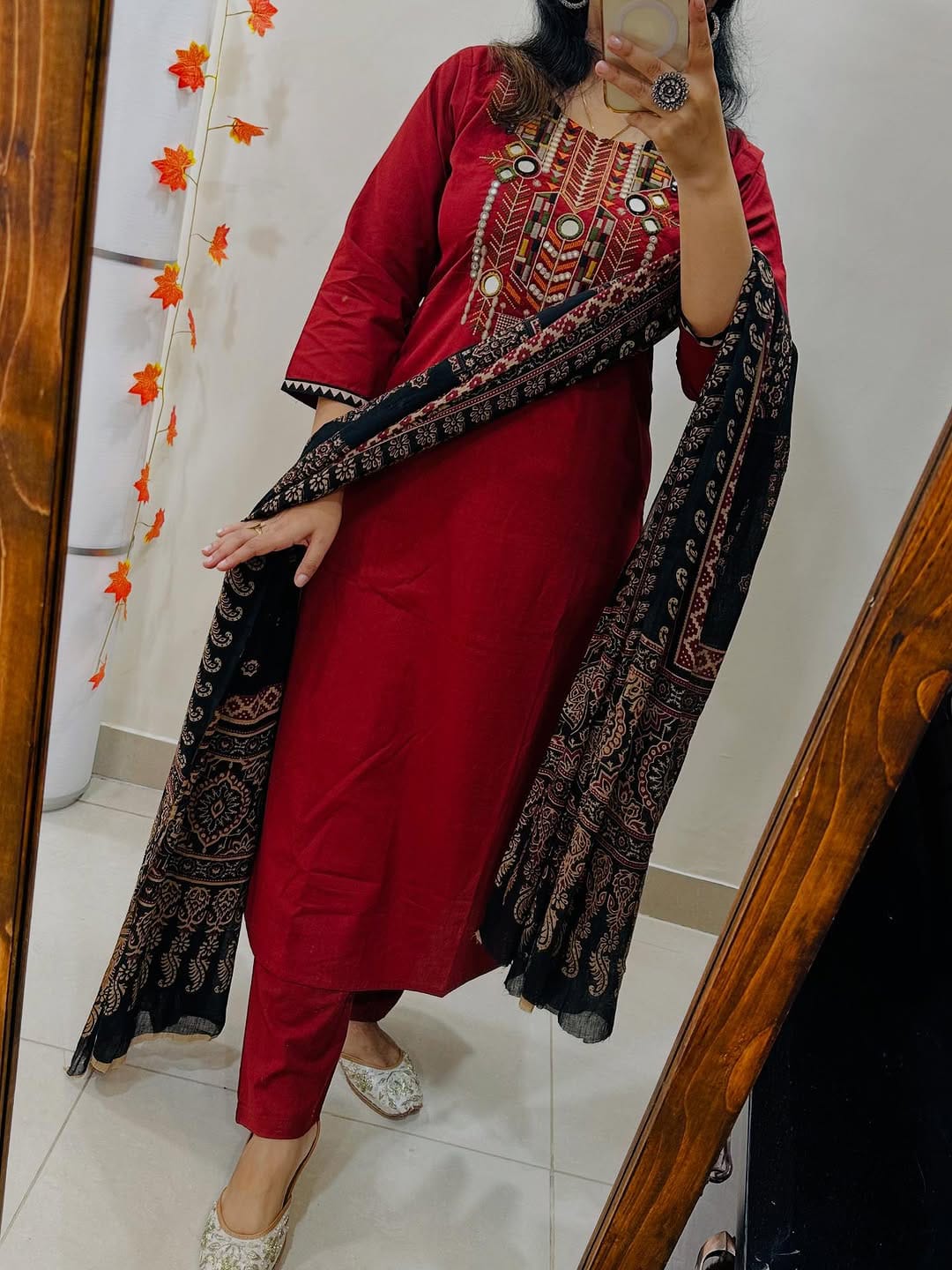 Women's Red Embroidered Cotton Kurta Set with Printed Dupatta