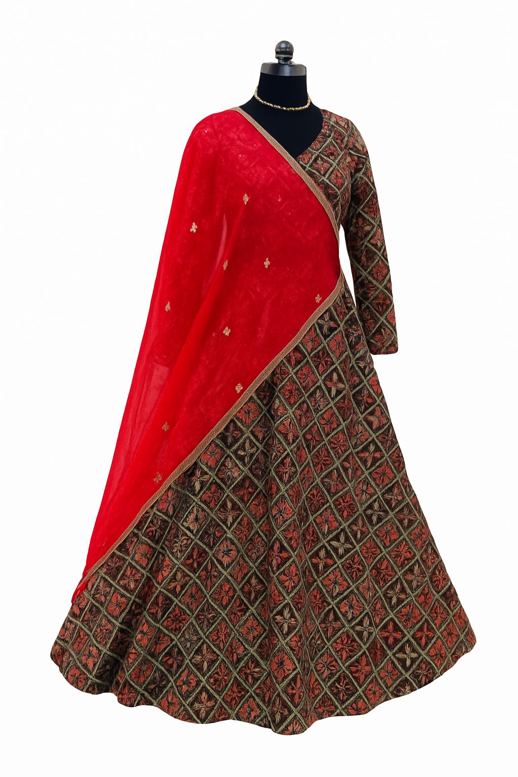 Embroidered Velvet Lehenga Choli with Red Dupatta
