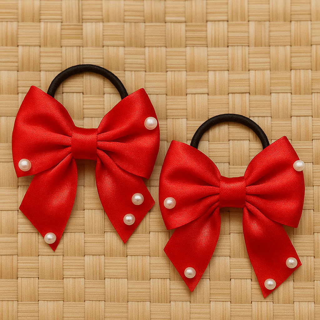 Vibrant Red Satin Hair Bows with Pearl Embellishments - Set of 2