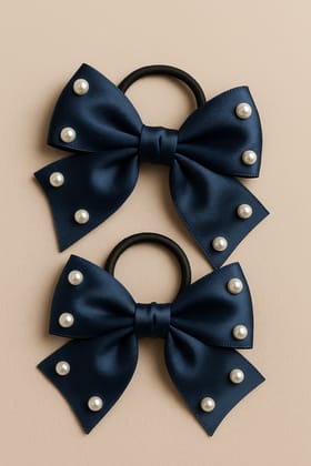 Pearl Embellished Navy Blue Satin Bow Hair Ties (Set of 2)