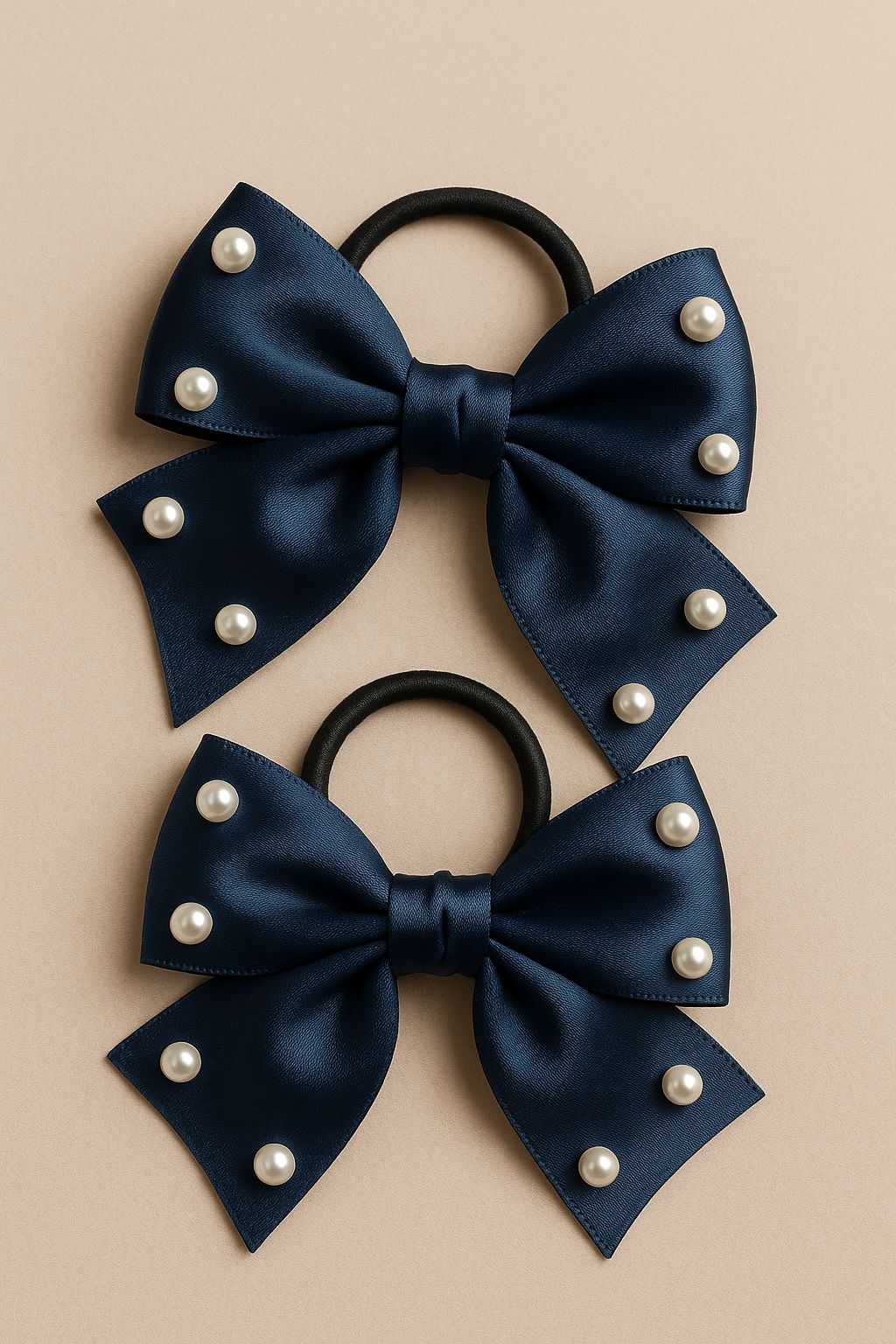 Pearl Embellished Navy Blue Satin Bow Hair Ties (Set of 2)