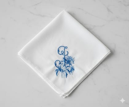 Elegant White Handkerchief with Blue Monogram Embroidery Elegant White Handkerchief with Blue Monogram Embroidery