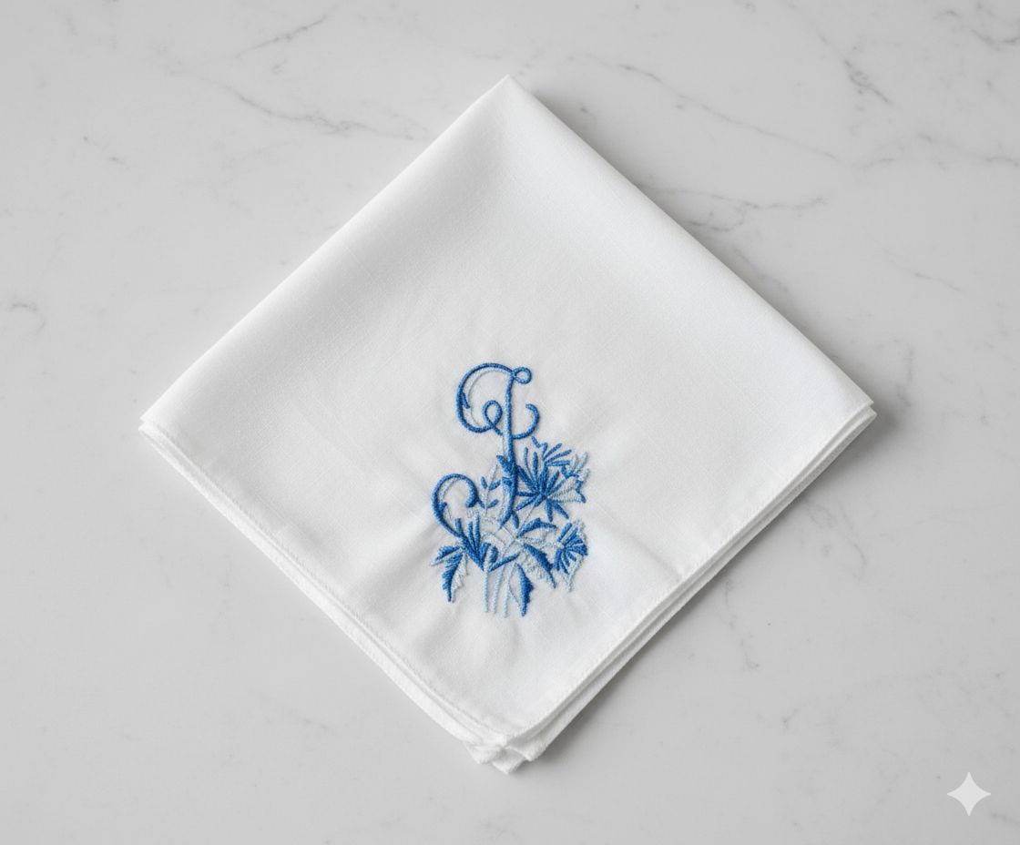 Elegant White Handkerchief with Blue Monogram Embroidery