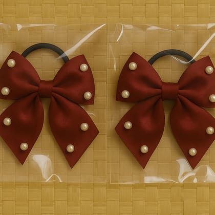 Elegant Dark Red Bow Hair Ties with Pearl Accents - Pack of 2