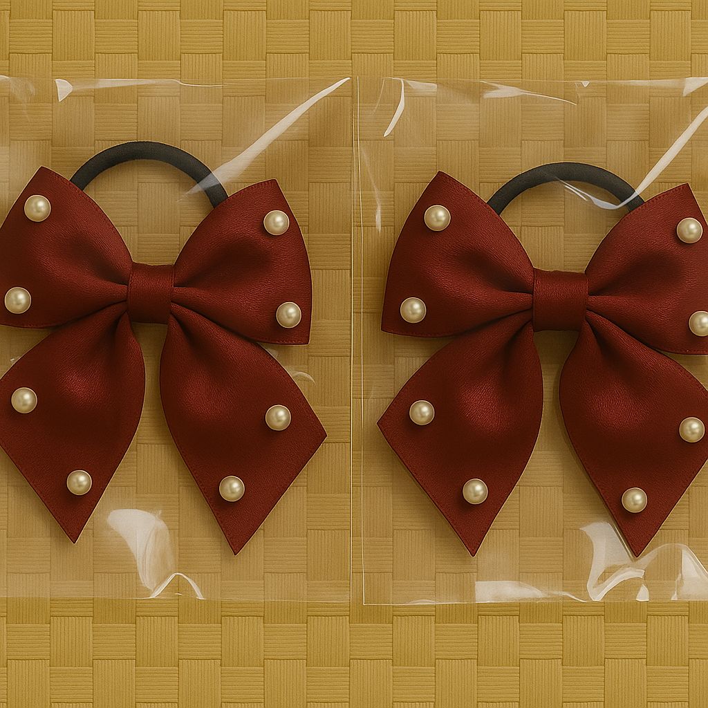Elegant Dark Red Bow Hair Ties with Pearl Accents - Pack of 2