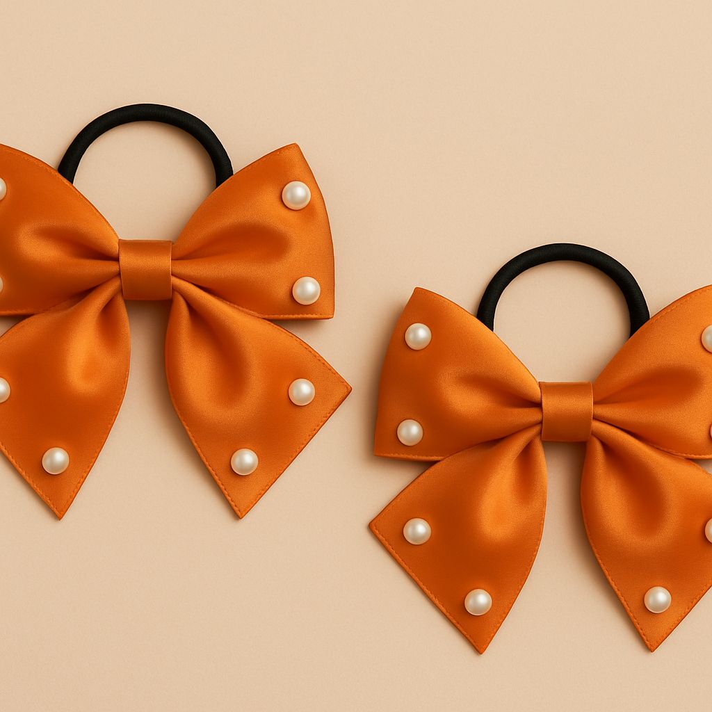 Elegant Orange Satin Hair Bows with Pearl Embellishments - Pack of 2 Hair Ties