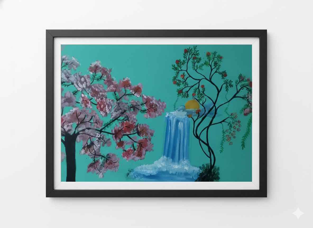 Teal Blossom Waterfall Framed Print