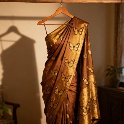 Elegant Brown Silk Saree with Golden Butterfly Motifs Elegant Brown Silk Saree with Golden Butterfly Motifs