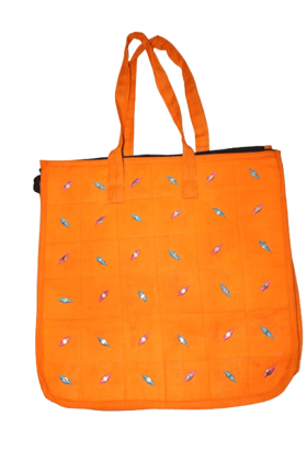 Vibrant Orange Embroidered Quilted Tote Bag for Women