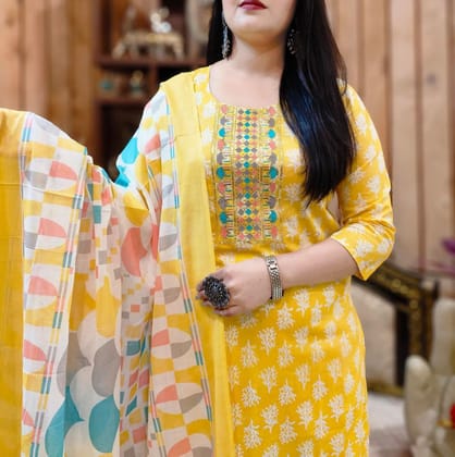 Women's Yellow Printed Cotton Kurti with Embroidered Yoke & Dupatta Women's Yellow Printed Cotton Kurti with Embroidered Yoke & Dupatta