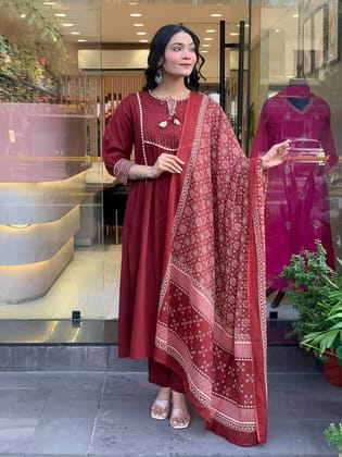 Maroon Rayon Sequin Work Kurta with Printed Dupatta & Solid Pants Set Maroon Rayon Sequin Work Kurta with Printed Dupatta & Solid Pants Set