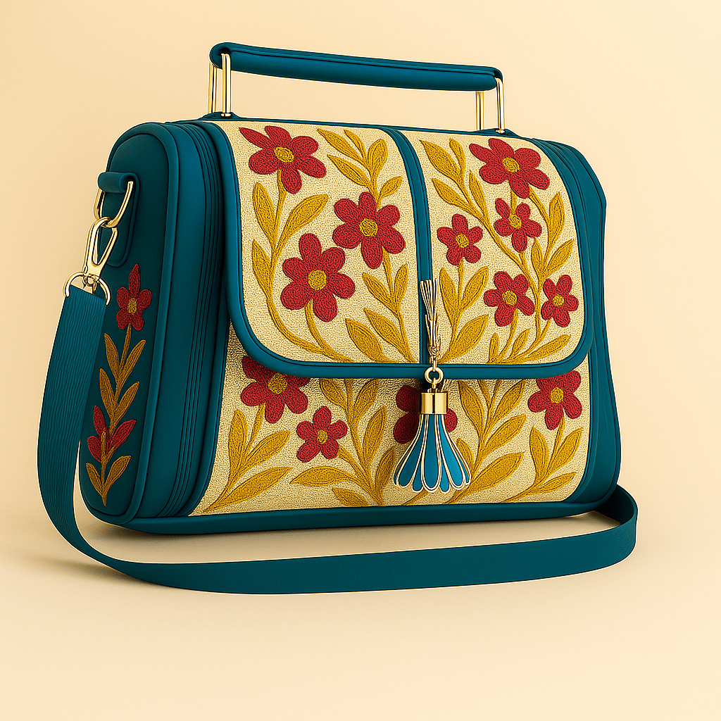 Elegant Teal Embroidered Handbag with Shoulder Strap