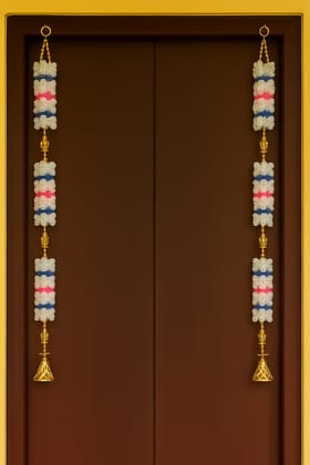 Traditional Indian Door Hanging Toran with Artificial Flowers and Bells White, Blue, Pink - Pair Traditional Indian Door Hanging Toran with Artificial Flowers and Bells White, Blue, Pink - Pair