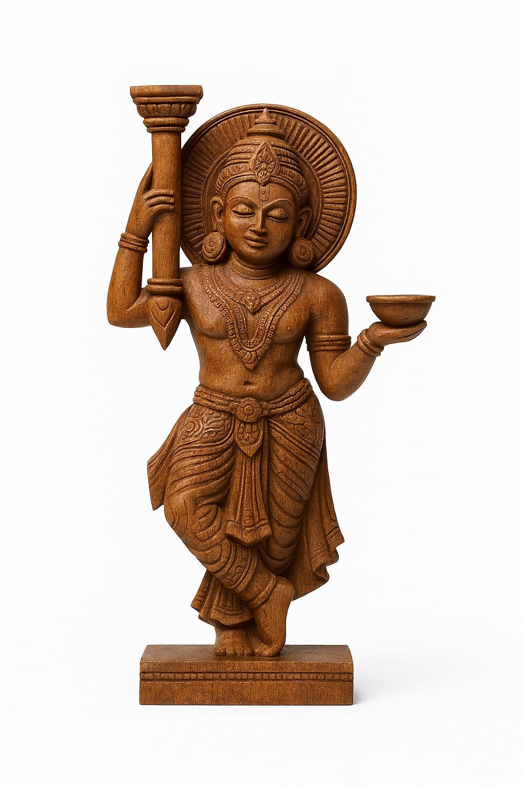 Divine Grace – Handcrafted Wooden Vishnu Lamp Bearer Idol
