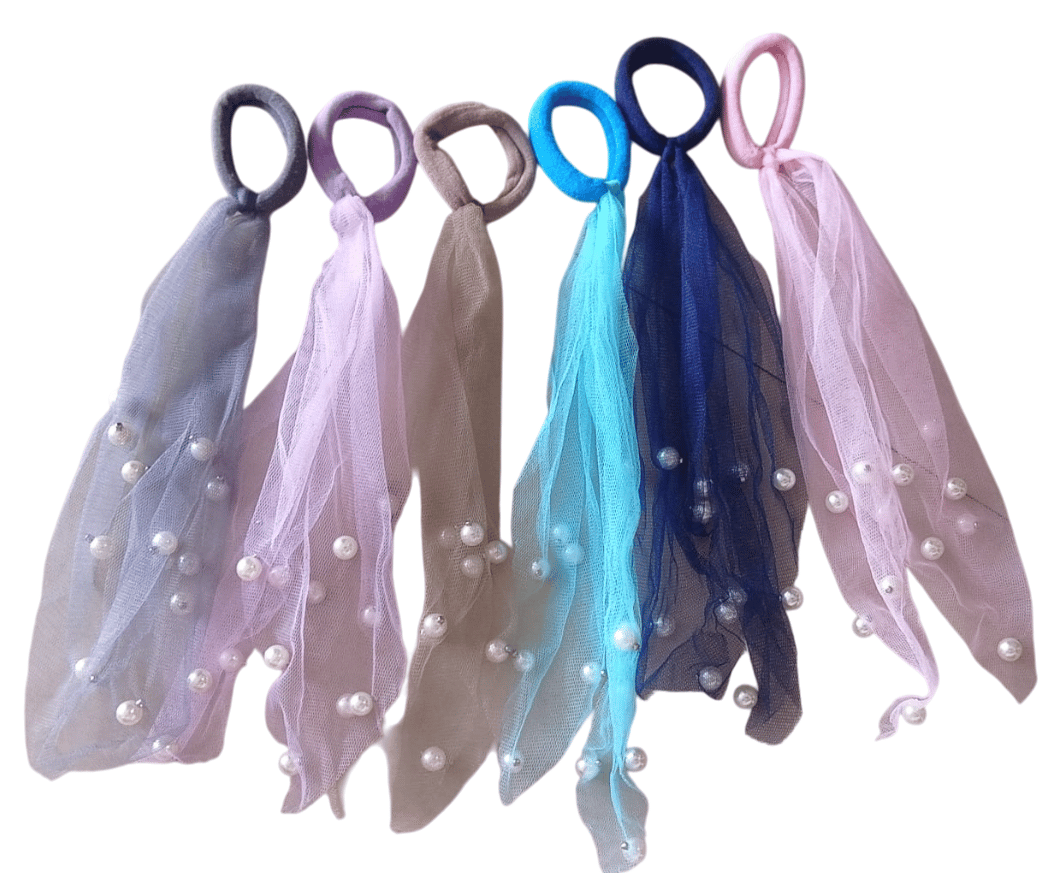 Pearl Embellished Net Scrunchies Hair Ties Set for Girls and Women