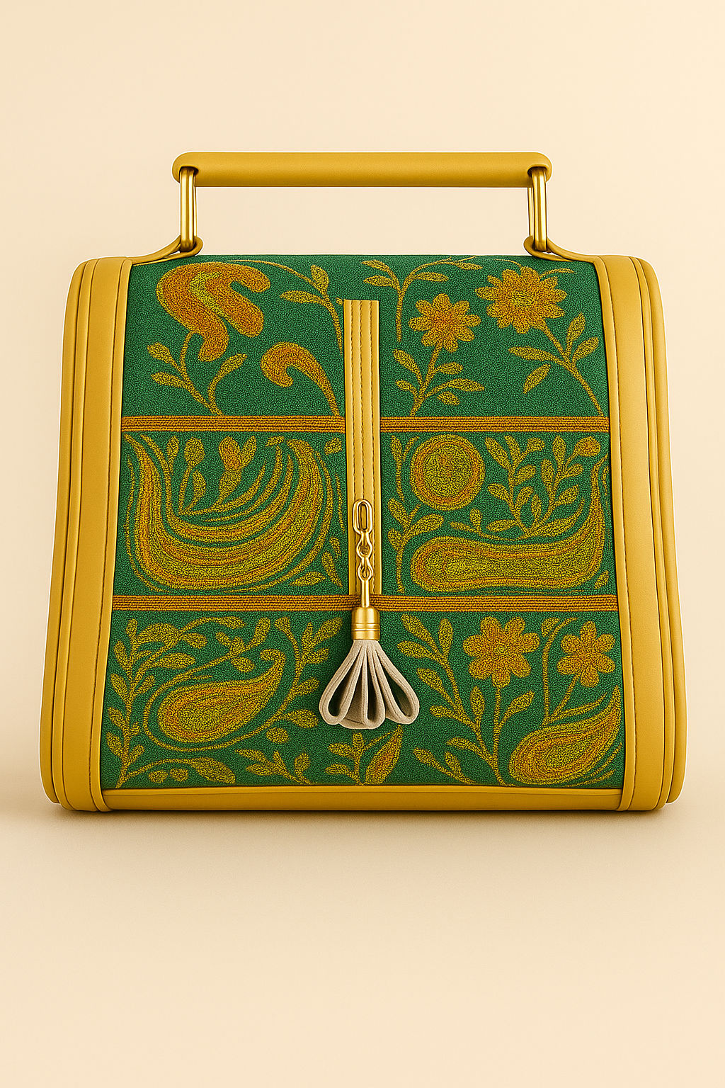 Green and Yellow Chic Structured Handbag with Detachable Strap