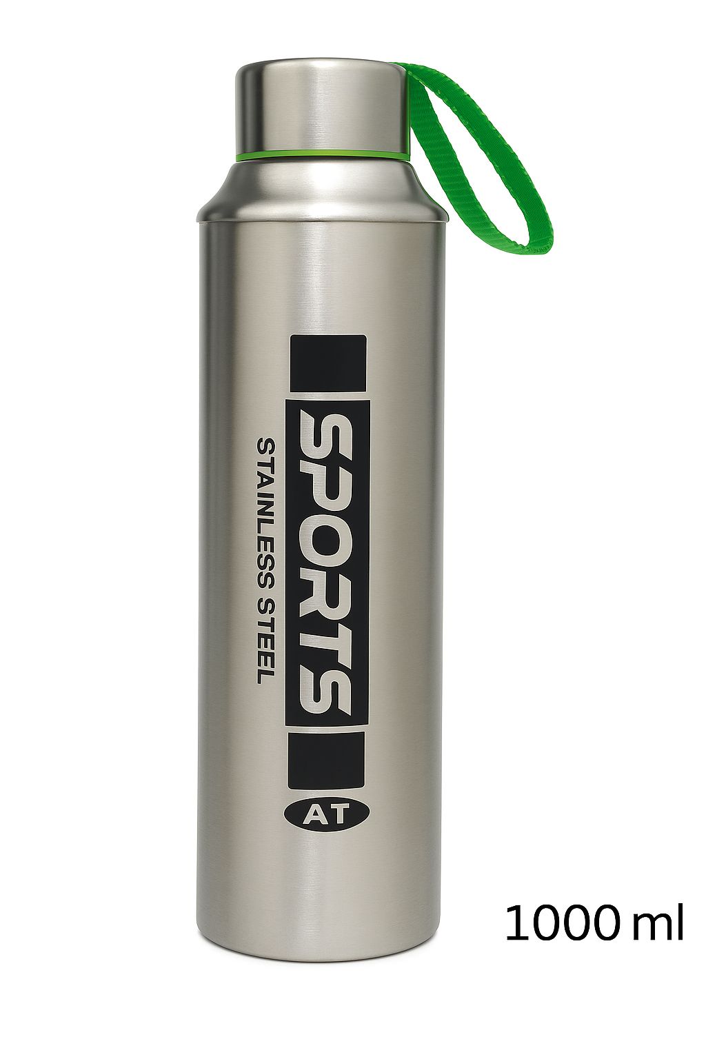 Stainless Steel  Water Bottle 1000ml, Single Wall with Carrying Strap