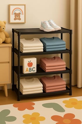  Wardrobe 6 Shelves Storage Clothes Storage Rack Quick Wardrobe/Cabinet/Multipurpose Storage Rack, Foldable, Collapsible Fabric Organizer for Home Office (Black, 4)