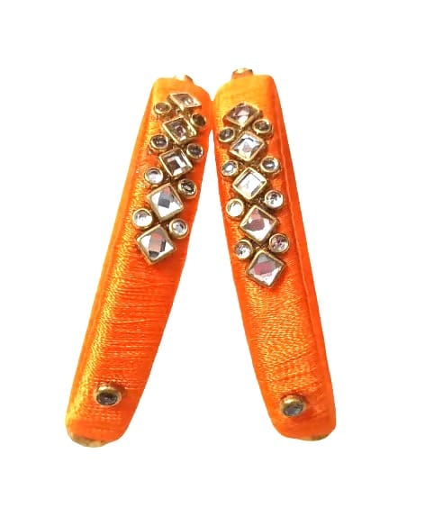Vibrant Orange Silk Thread Kundan Stone Embellished Bangles for Women