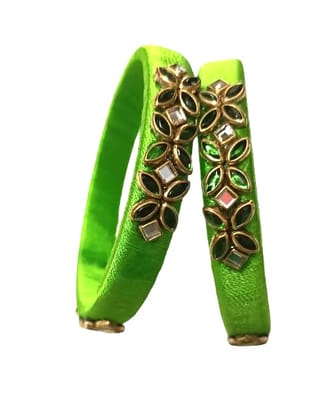 Vibrant Green Silk Thread Bangle Set with Floral Stone Work