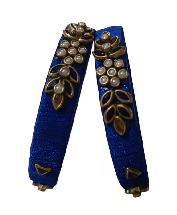 Royal Blue Silk Thread Bangles with Gold Plated Floral Kundan Stone Work