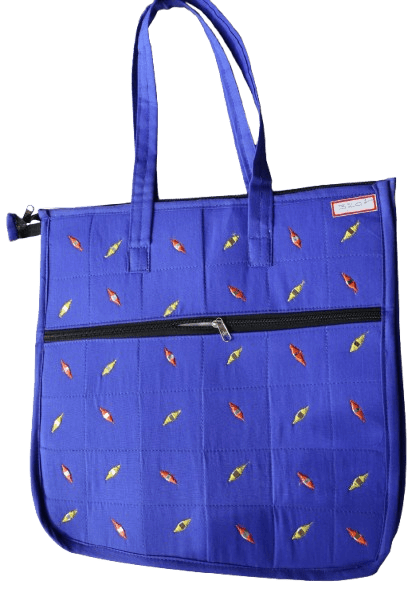 Royal Blue Quilted Cotton Tote Bag with Colorful Embroidery