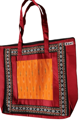Red Ethnic Print Fabric Tote Bag with Traditional Design