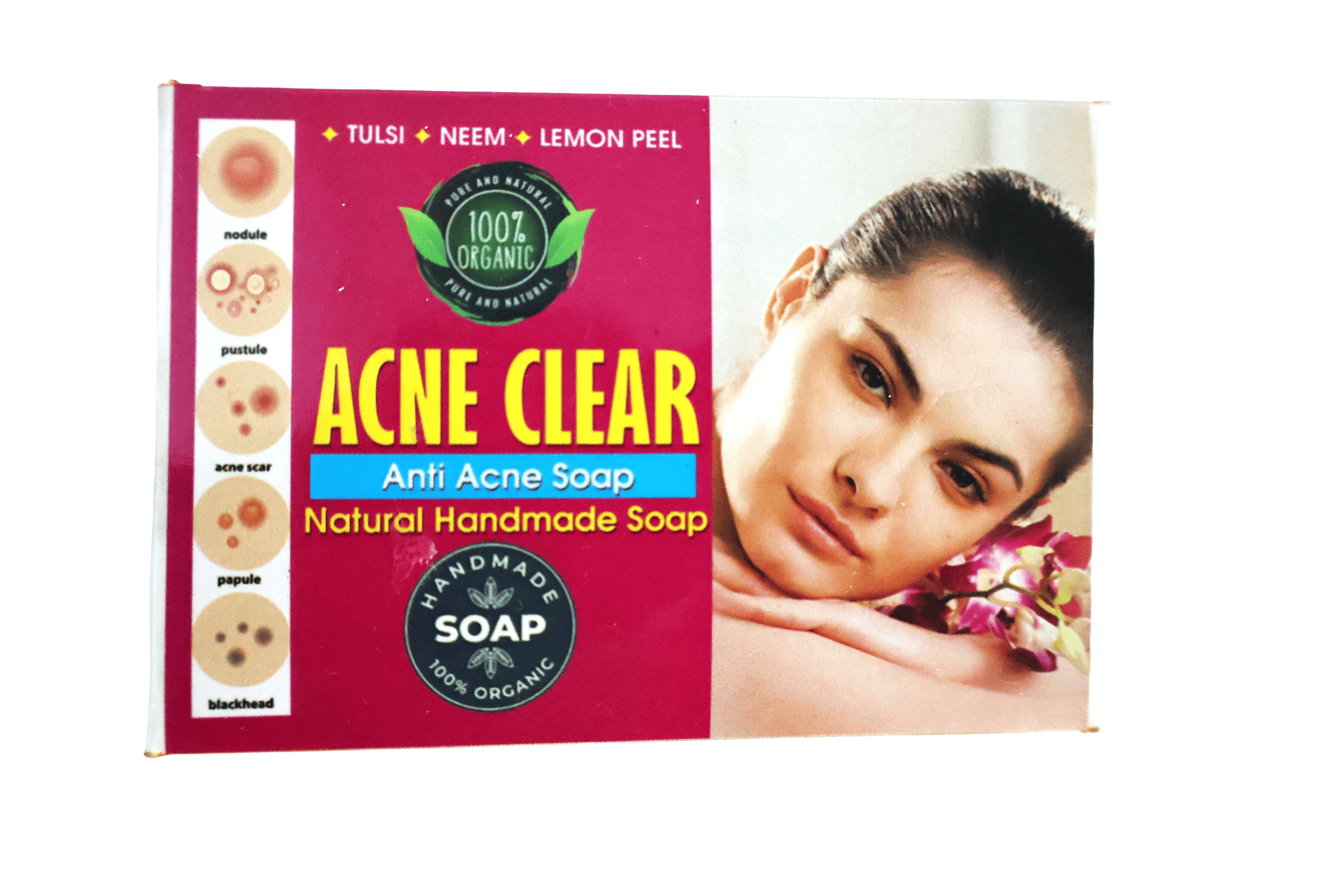 ACNE CLEAR Anti Acne Soap with Tulsi, Neem, Lemon Peel - Natural & Organic Handmade Bar