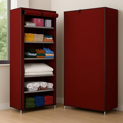 Wardrobe 6-9 Shelves Storage Clothes Storage Rack Quick Wardrobe/Cabinet/Multipurpose Storage Rack, Foldable, Collapsible Fabric Organizer for Home Office (Maroon, 6)