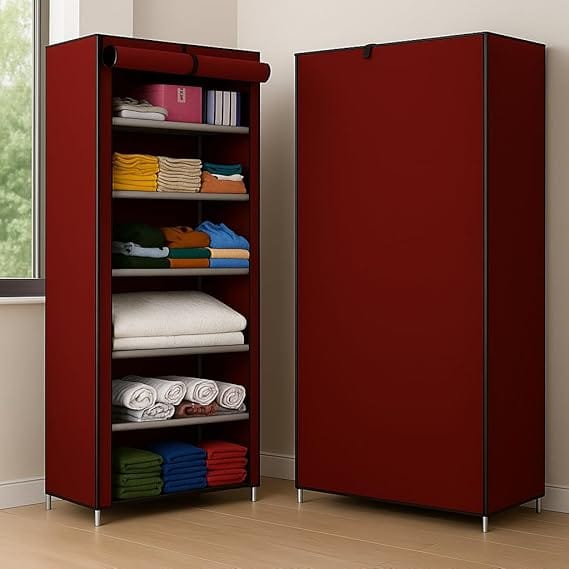 Wardrobe 6-9 Shelves Storage Clothes Storage Rack Quick Wardrobe/Cabinet/Multipurpose Storage Rack, Foldable, Collapsible Fabric Organizer for Home Office (Maroon, 6)