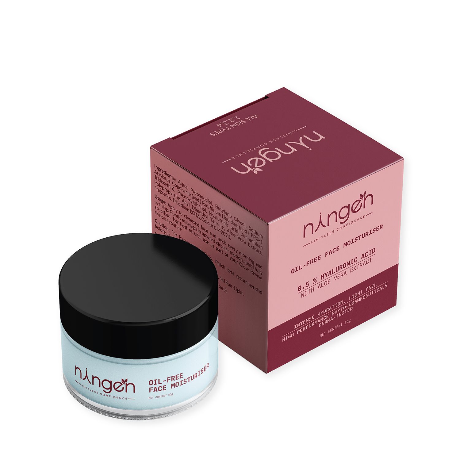 Ningen Oil-Free Face Moisturizer with 0.5% Hyaluronic Acid & Aloe Vera Gel Extract | Intense Hydration, Lightweight & Non-Greasy Formula