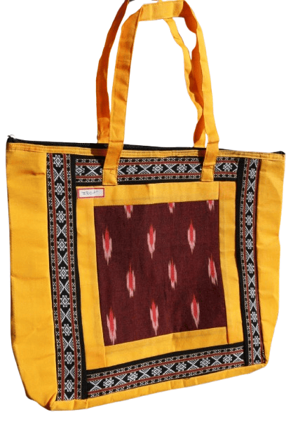 Vibrant Yellow Ethnic Print Cotton Tote Bag with Ikat Design