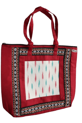 Stylish Red Ikat Pattern Tote Bag with Woven Trim